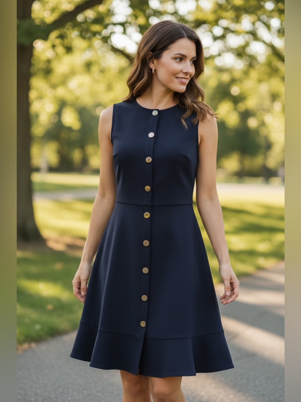LOFT Navy Blue Sleeveless Faux Button Front Ruffle Hem Dress Size 10 NWT